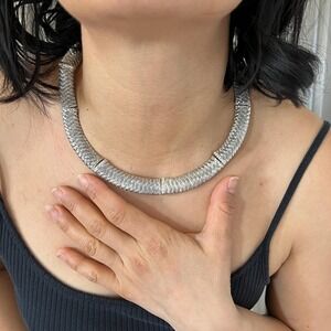 Vintage chunky silver tone choker necklace geometric punk gothic brutalist